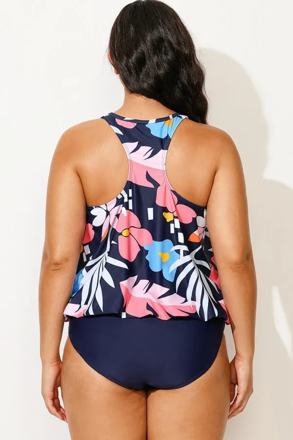 Floral Print Tummy Control Blouson Tankini Top