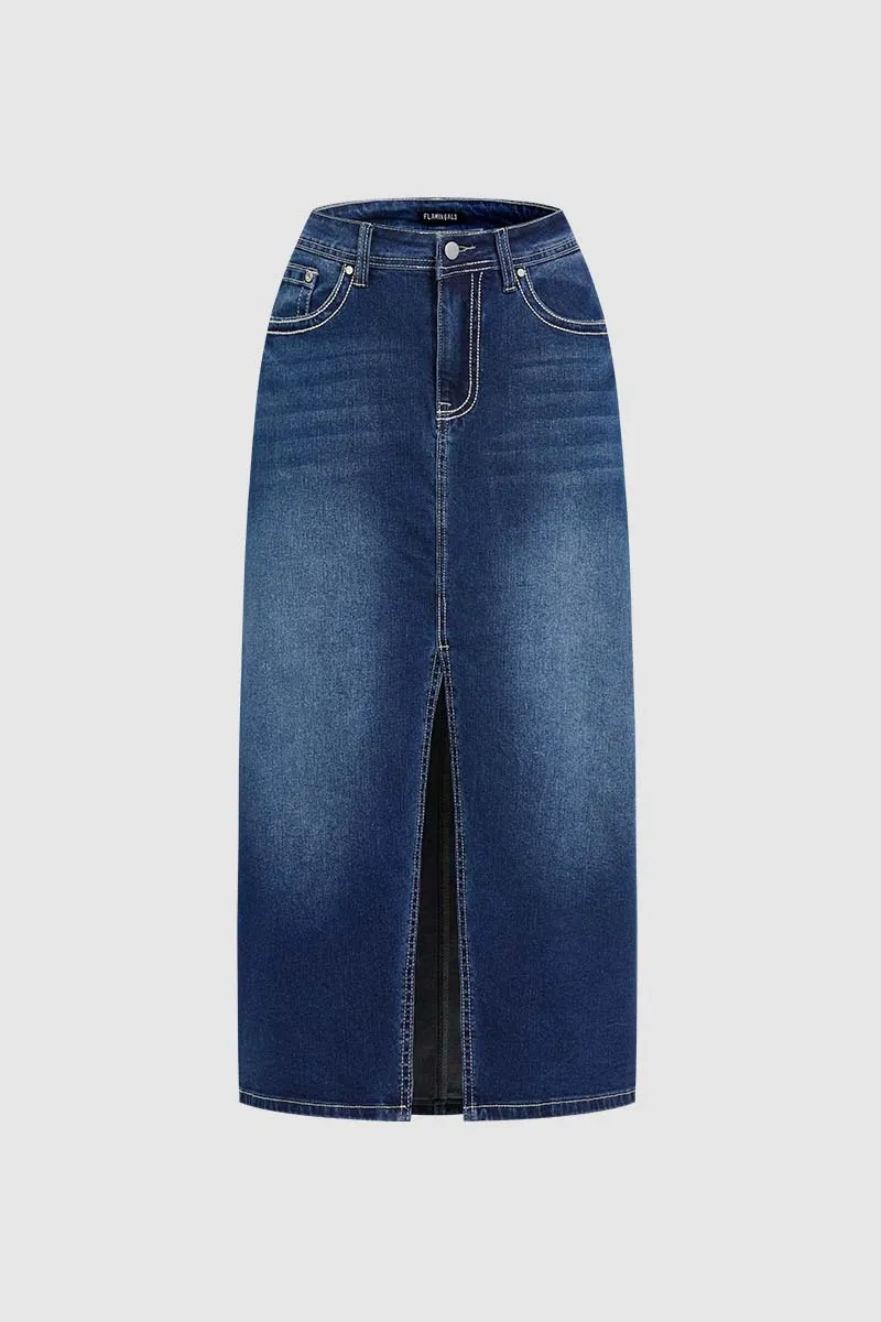 Split Stitch Detail Wash Mid Waist Midi Denim Skirt