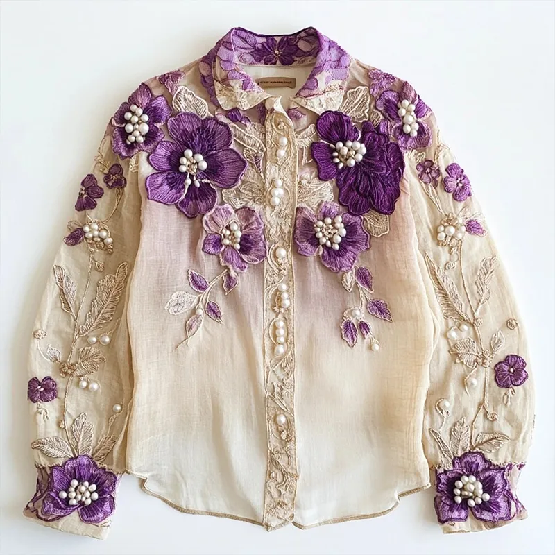 Women's Purple Floral Embroidered Linen Blend Shirt