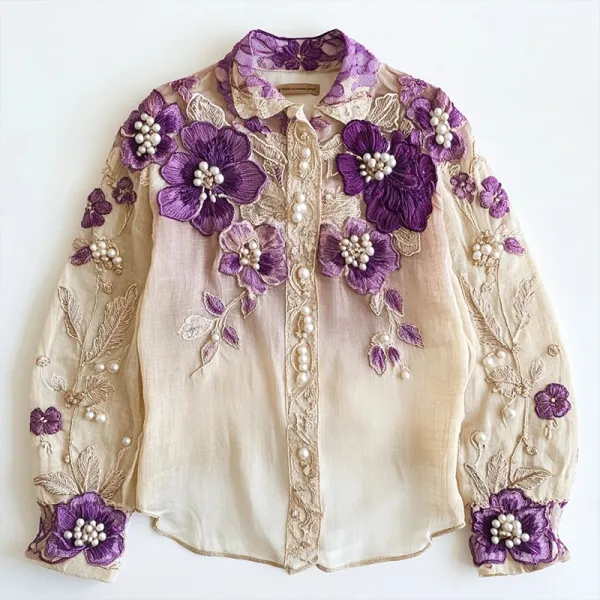 Women's Purple Floral Embroidered Linen Blend Shirt