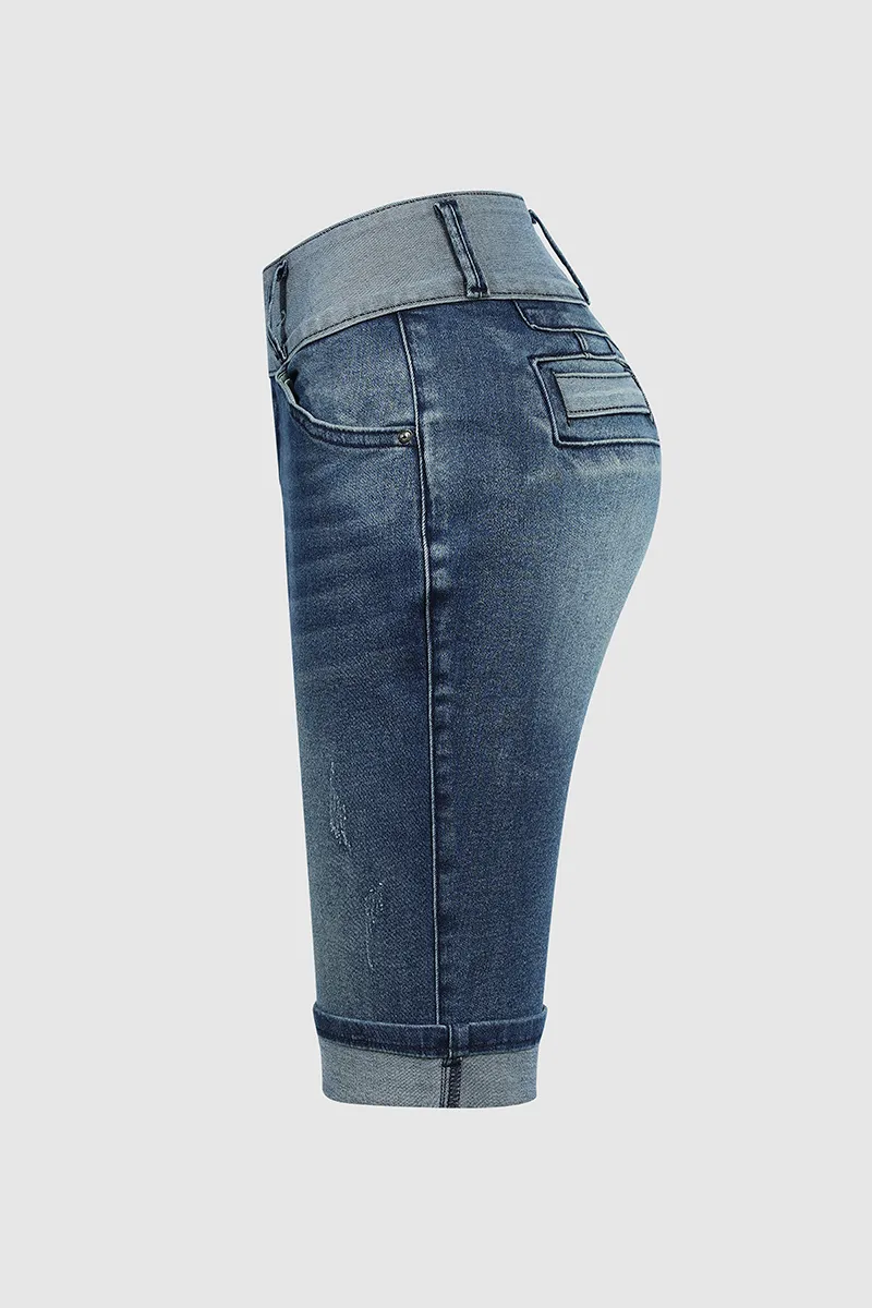 Two Tone Button Detail Ripped Roll Hem Mid Rise Denim Bermuda Shorts