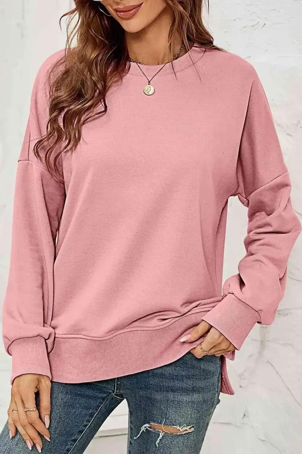 Round Neck  Dropped Shoulder Slit Sweatshirt AC