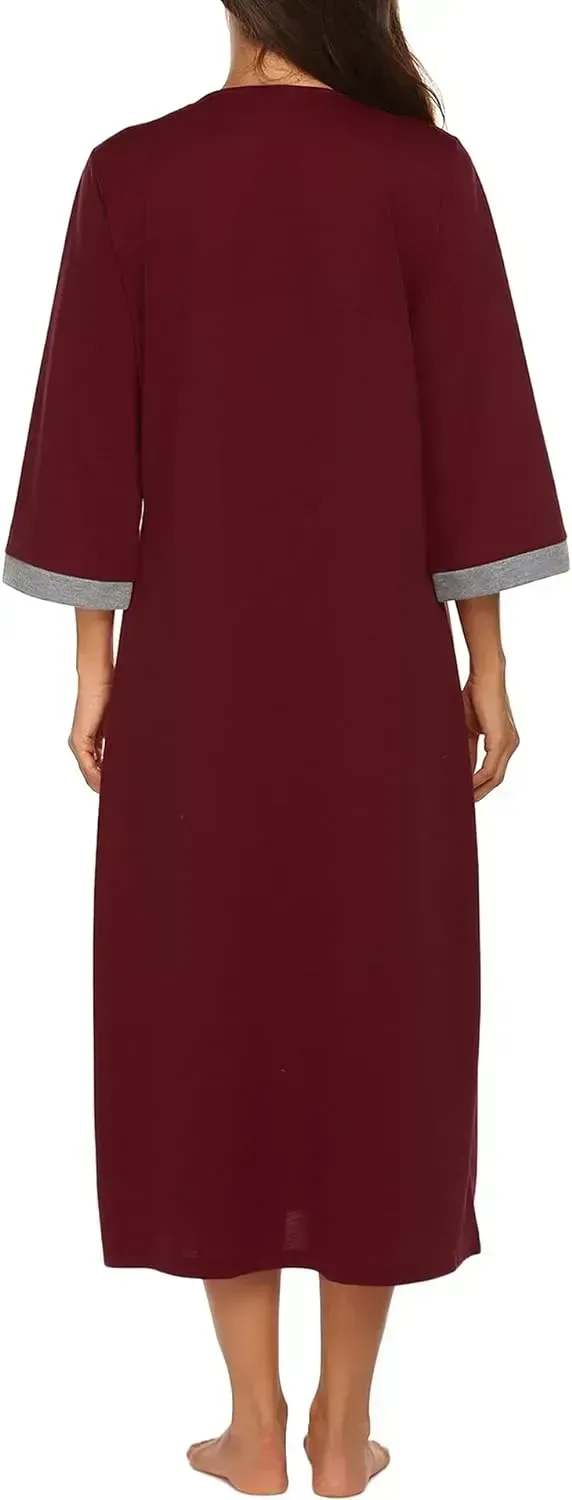 Women Zipper Robe 3/4 Sleeves Loungewear Dress Full Length Sleepwear Pockets Housecoat Nightgown Long Bathrobe