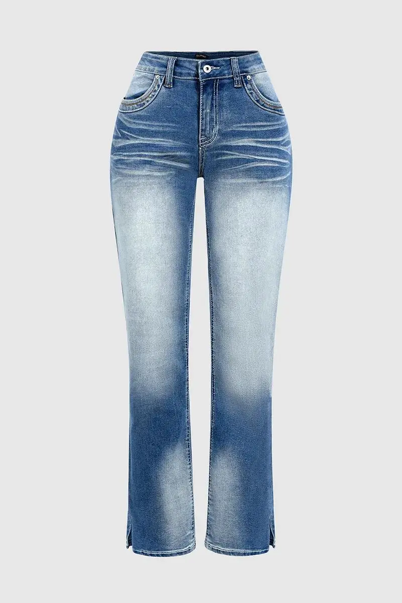 Washed Stretchy Split Hem Mid Rise Bootcut Jeans