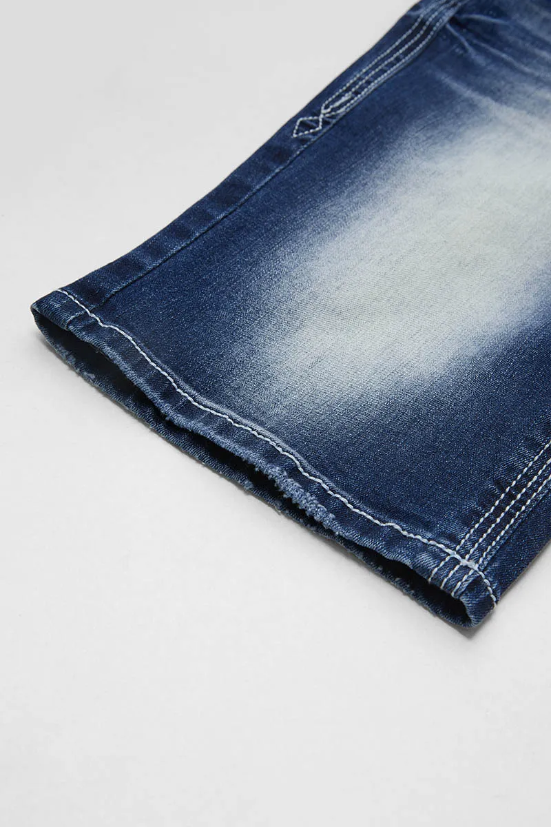 Washed Stretchy Stitch Detail Mid Rise Denim Bermuda Shorts