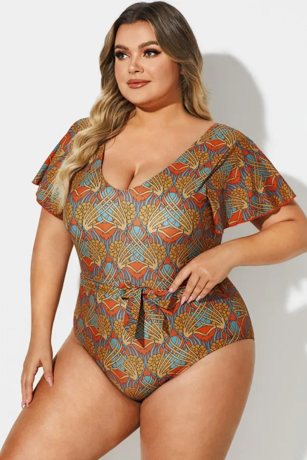 V-Neck Flutter Sleeve Belt One Piece Swimsuit