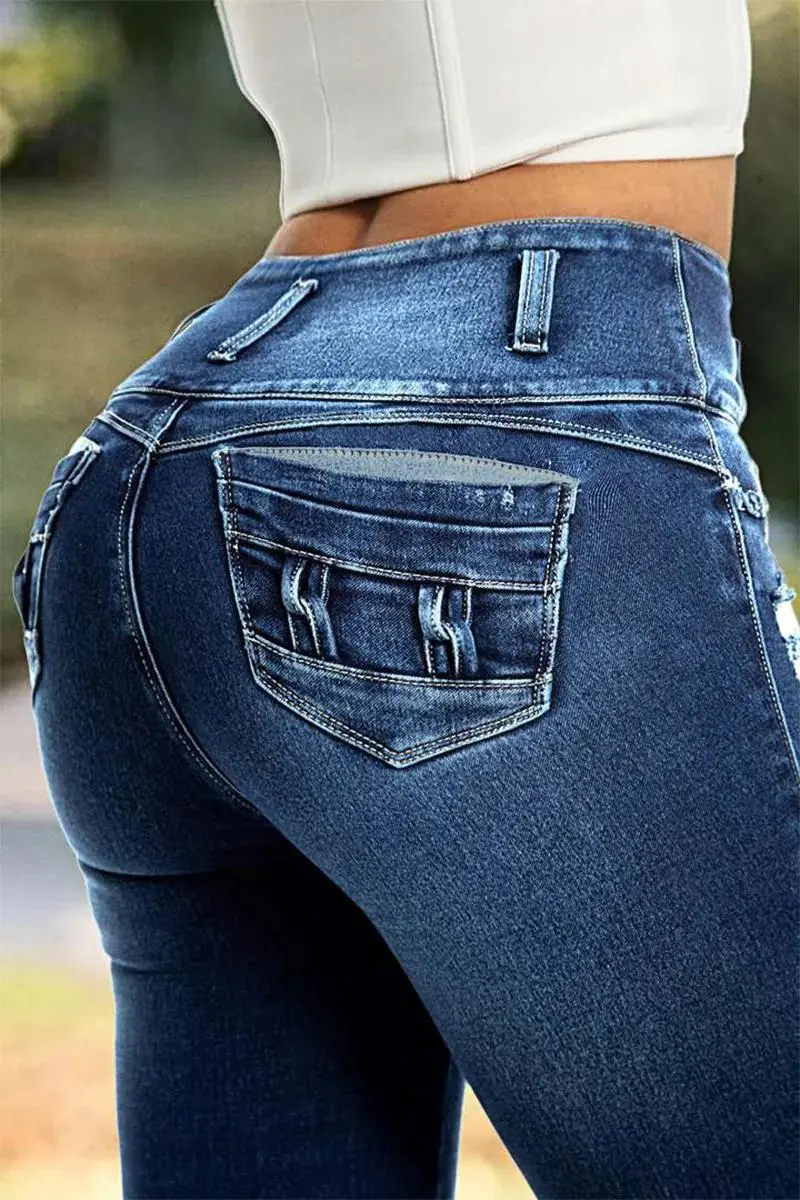Button Fly Ripped Wash Stretchy High Waist Capri Jeans