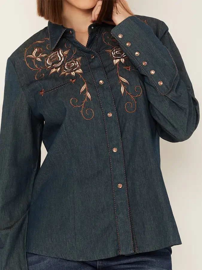 Women's Vintage Western Art Print Casual Linen Shirt