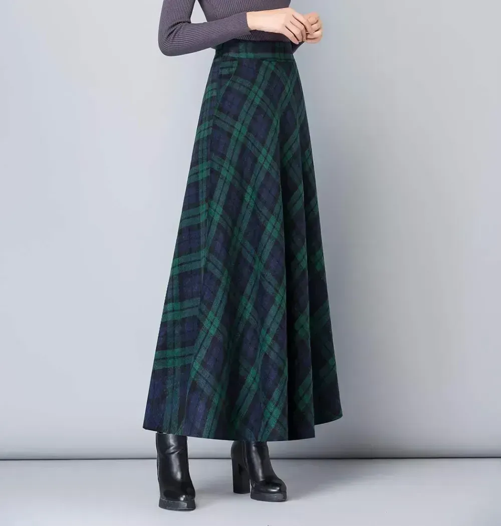 Women's Winter Elegant Warm Long Skirt Wool Maxi Skirts Elastic Waist A-Line High Waist Plaid Pleated Skirt S-3XL