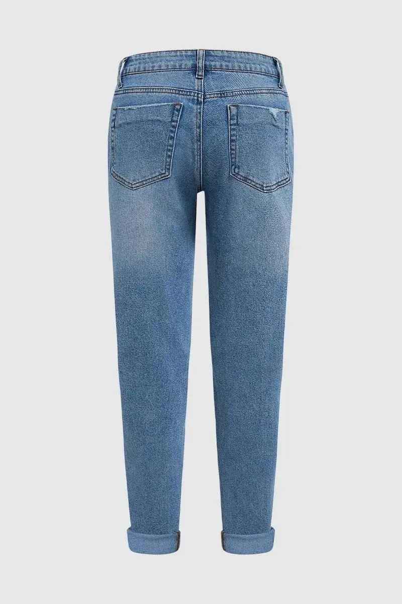 Wash Floral Embroidery Roll Hem Mid Rise Carrot Jeans