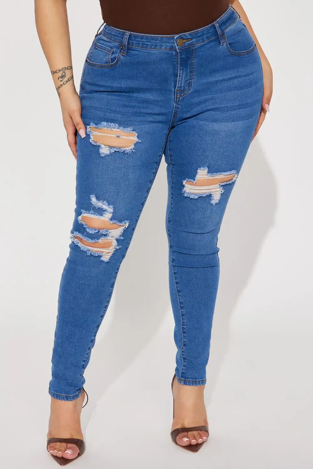 Molly Mid Rise Ripped Stretch Skinny Jeans - Medium Wash