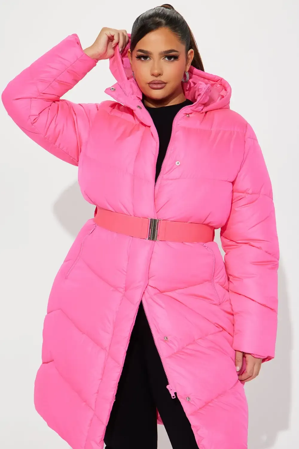 Snow Style Belted Puffer Jacket - Hot Pink