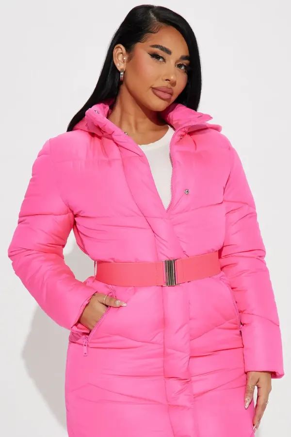 Snow Style Belted Puffer Jacket - Hot Pink