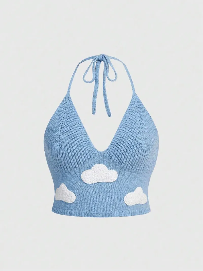 Kawaii Knitted Top With Cloud Print And Hanging Straps