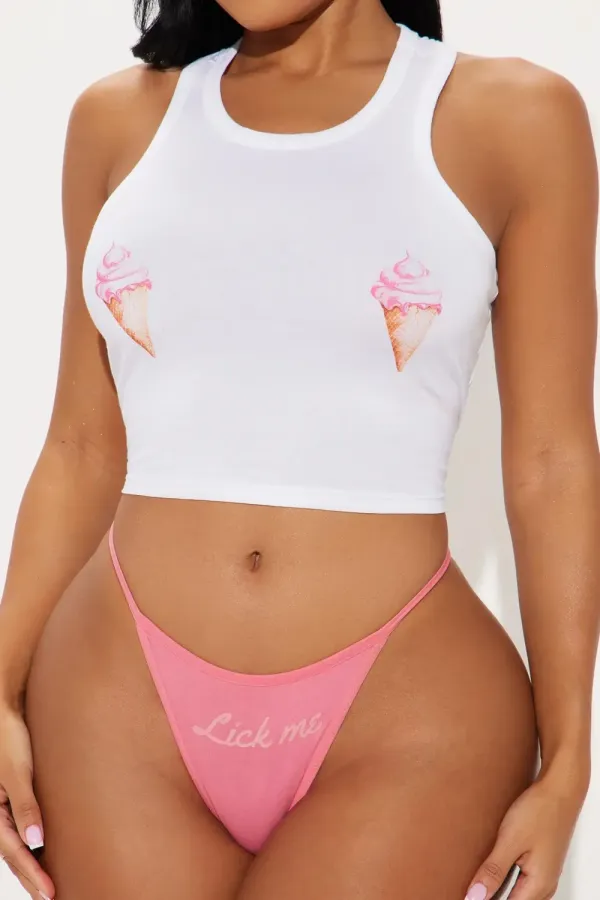 Lick Me Tank And Panty Set - White/Pink