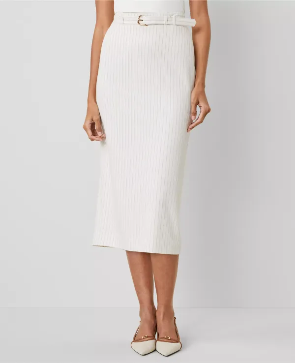 Pinstripe Belted Midi Pencil Skirt