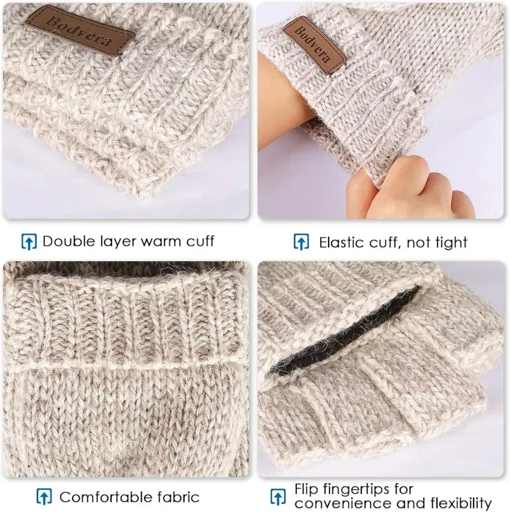 Bodvera Thermal Insulation Fingerless Texting Wool Gloves for Women and Men Winter Warm Knitted Convertible Mittens Flap