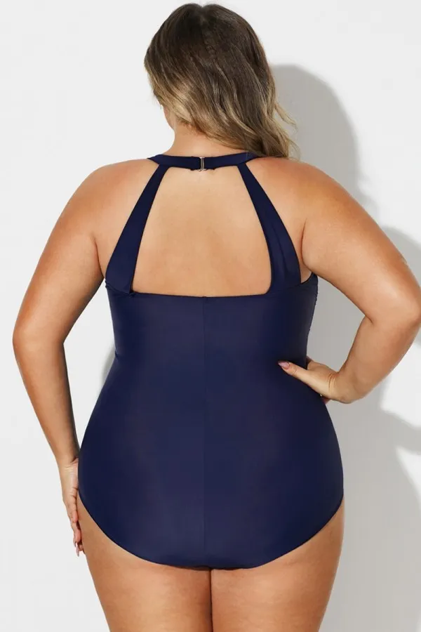 Navy H-Back Sarong Front One Piece Swimsuit