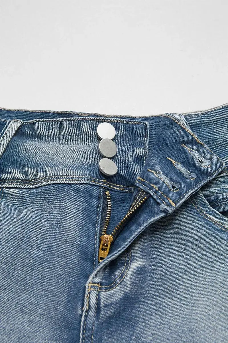 Ripped Roll Hem Button Up High Rise Denim Shorts