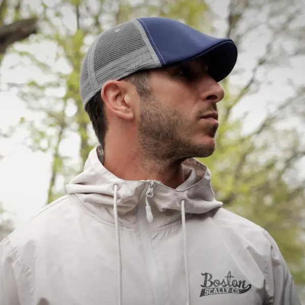 The Mesh Trucker Boston Scally Cap - Navy with Grey