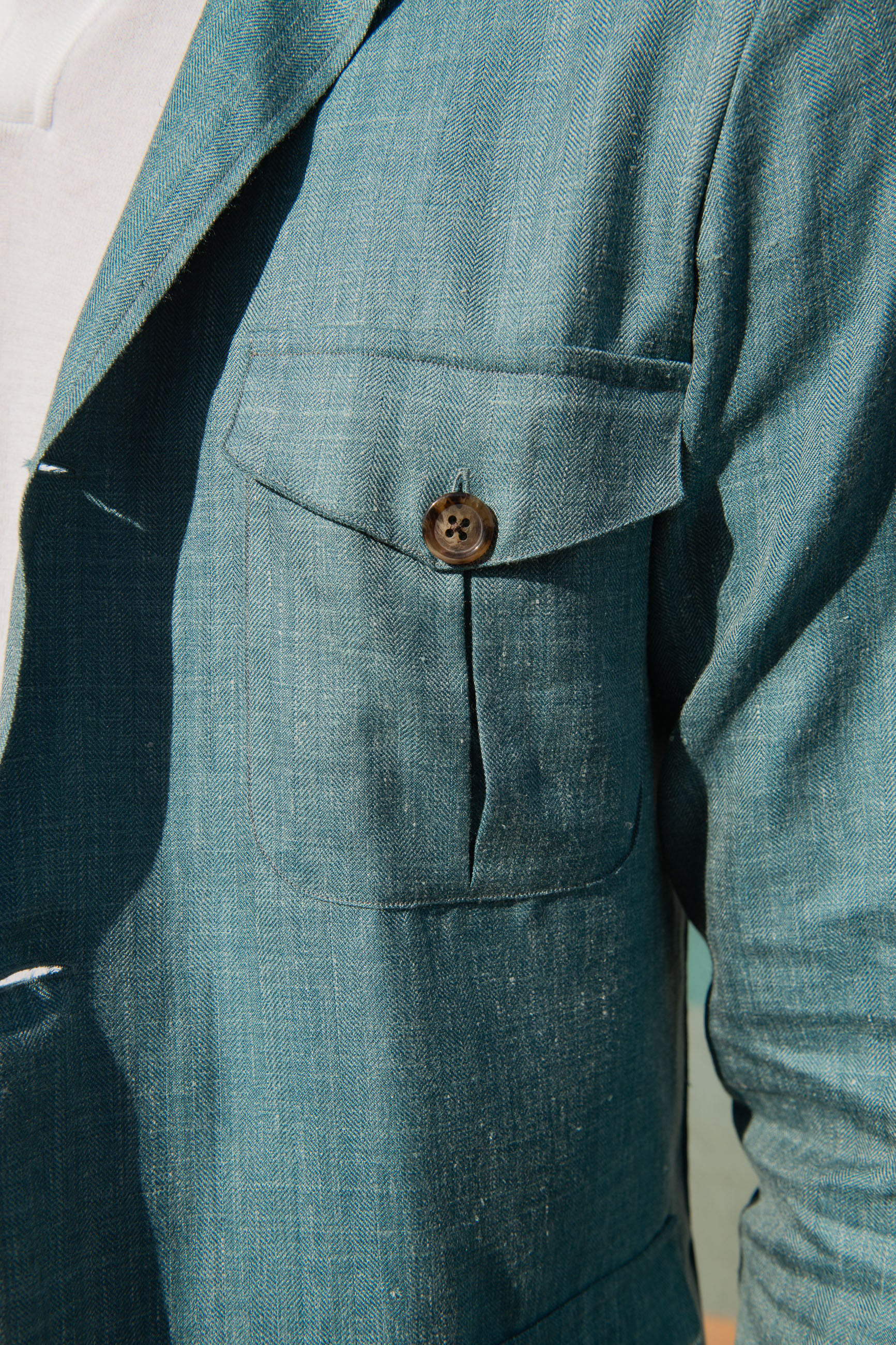 Water green Safari Jacket in  wool silk and linen