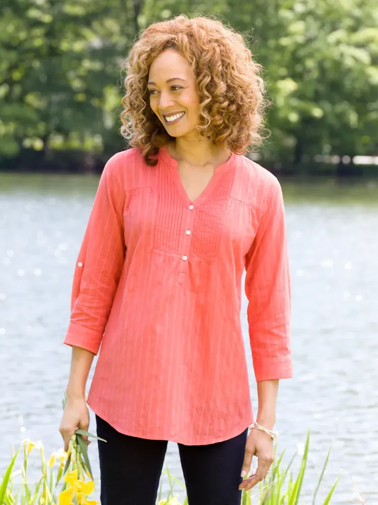 Perfect Pintuck Cotton Tunic With 3/4 Sleeves