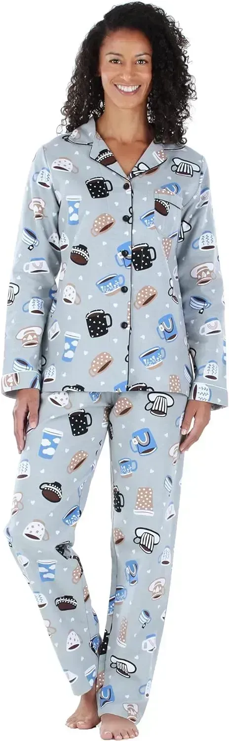 Women's Cotton Flannel Long Sleeve Button-Down Pajamas PJ Set