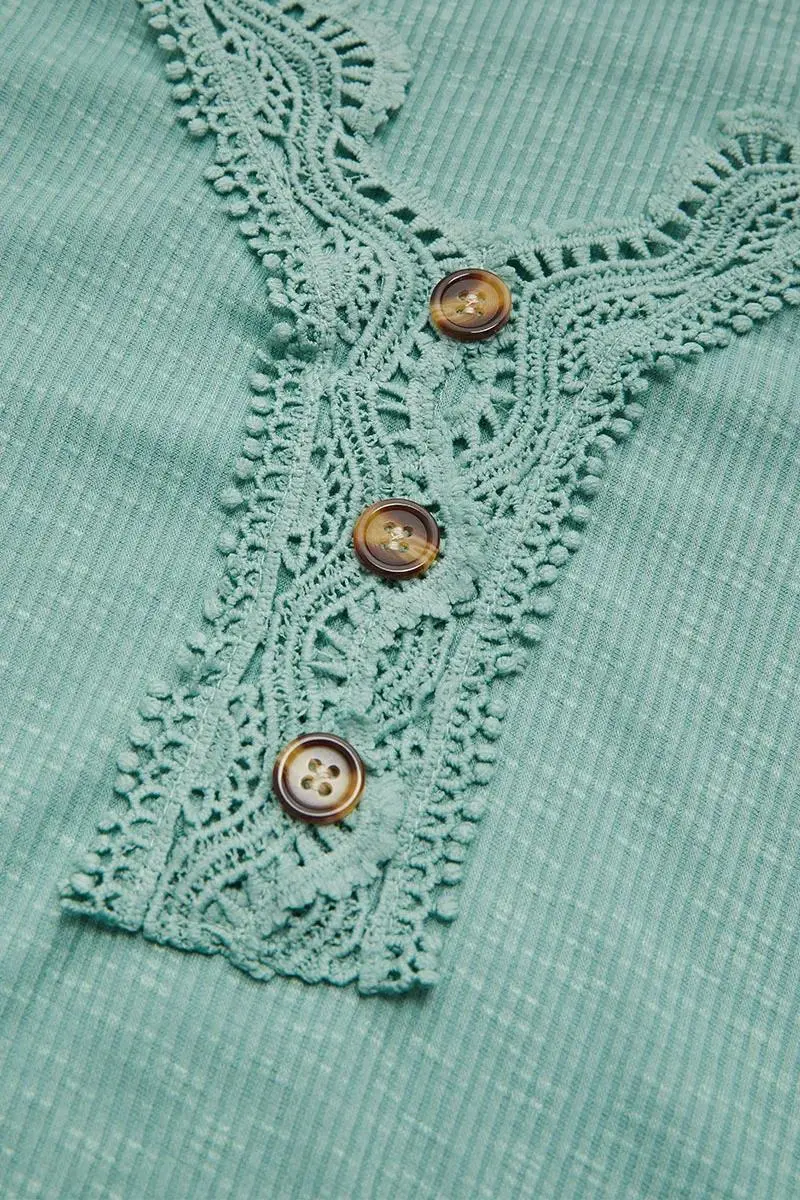 Rib-Knit Contrast Lace Button Detail Short Sleeve T-Shirt
