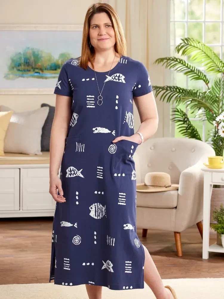 M.MAC Rock Fish Cotton Knit Ankle-Length Dress With Pockets