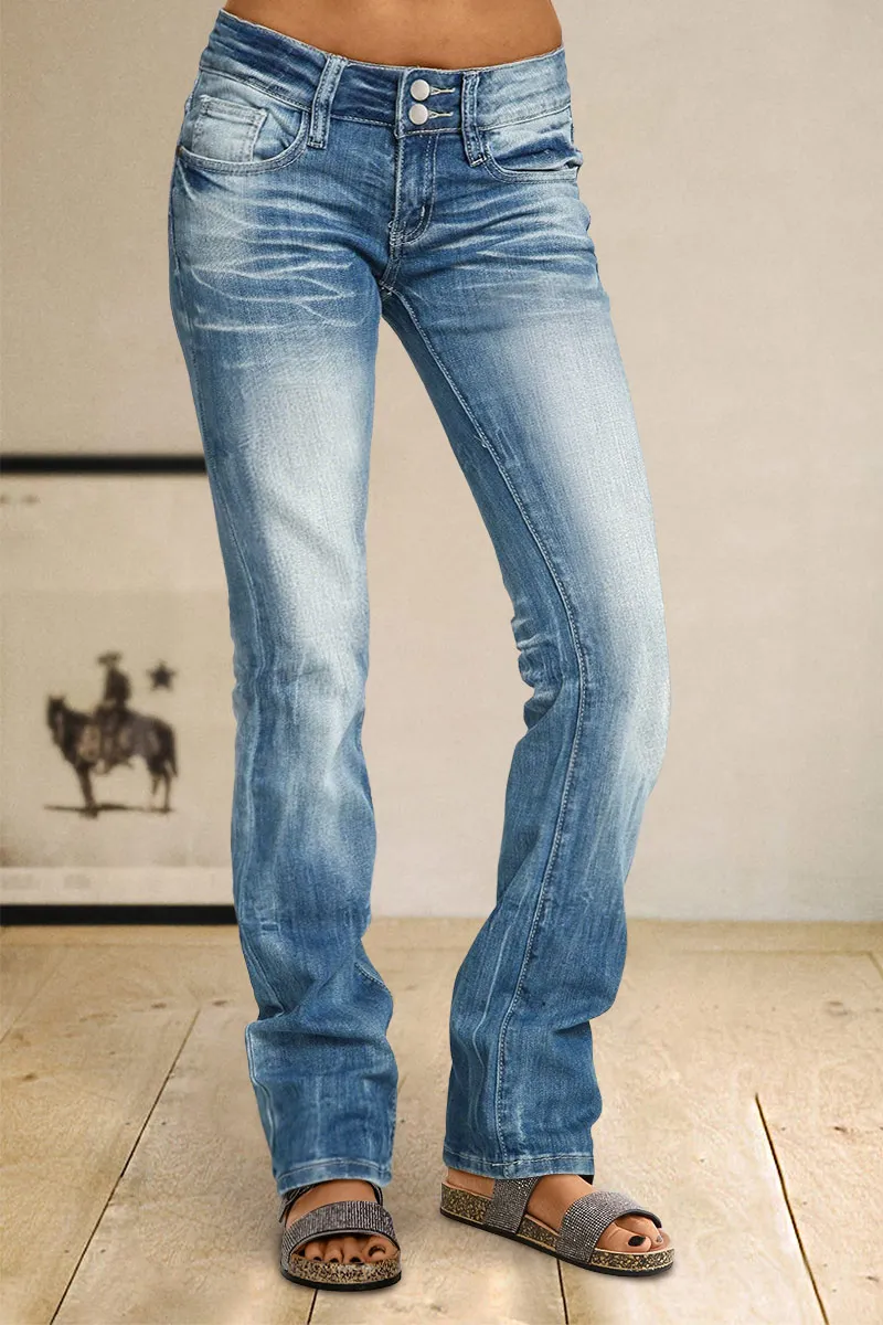 Wash Ripped Double Button Straight Leg Mid Rise Jeans