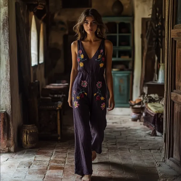 Vintage Floral Embroidered Pattern Art Linen Blend Loose Casual Jumpsuit
