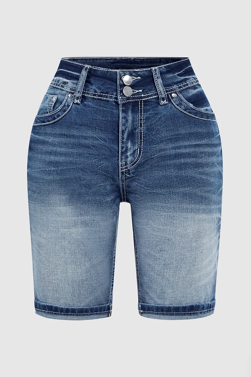 Double Button Ripped Roll Hem Mid Rise Denim Bermuda Shorts