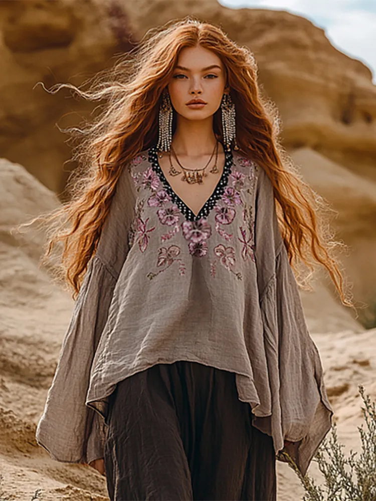 Ethnic Style Embroidered Linen V Neck Long Sleeve Shirt