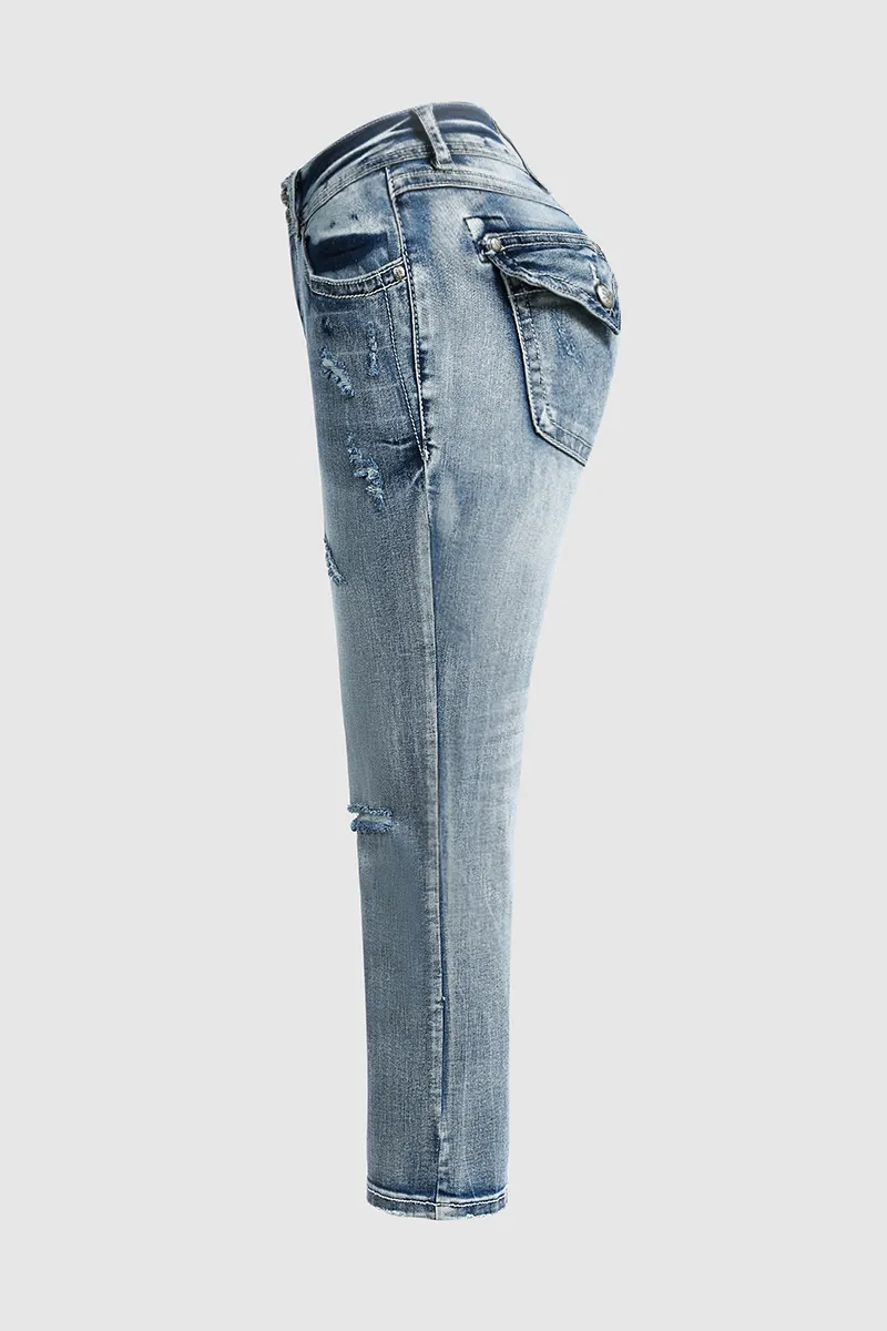 Wash Stretchy Ripped Flap Decor Low Waist Crop Jeans