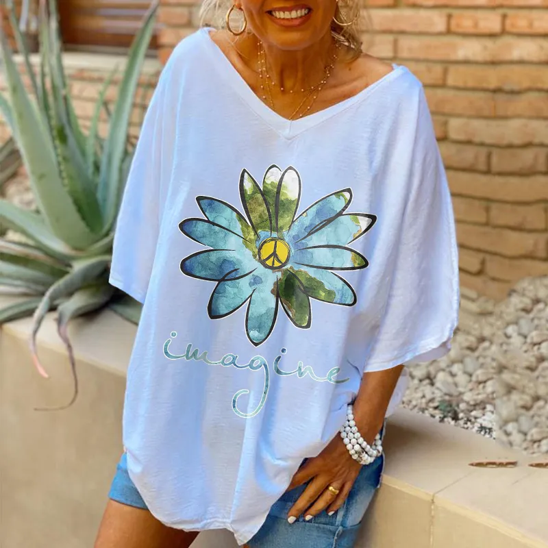 Oversized Imagine Flowers Pattern Printed Women Hippie T-shirt