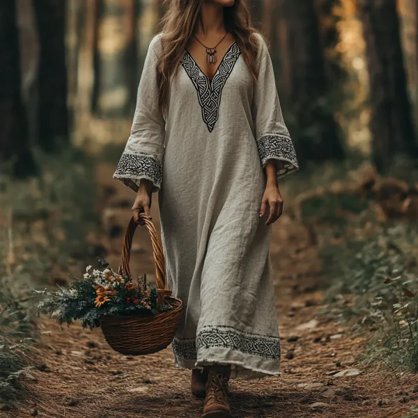Vintage Viking Celtic Cotton Linen Crew Neck Mixi Dress