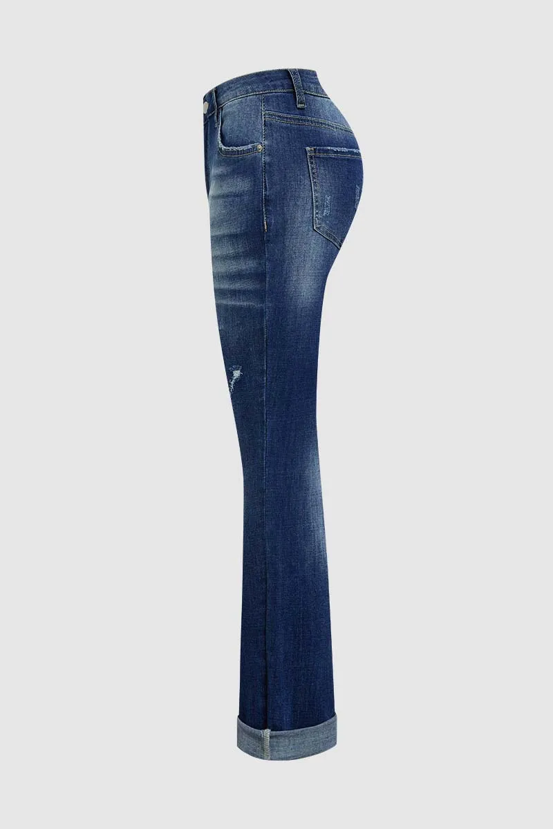 Cut Out Roll Hem High Waist Straight Leg Jeans