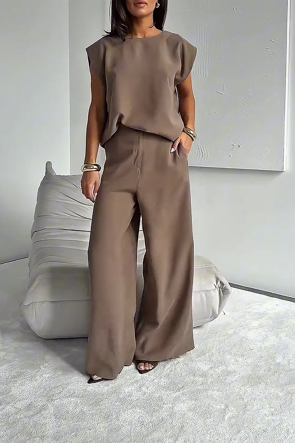 Women'S Stylish Casual Comfortable Short-Sleeved Top And Suit Pants Two-Piece Set