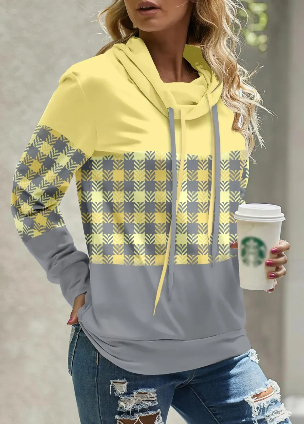 Light Yellow Patchwork Plaid Long Sleeve Sweatshirt