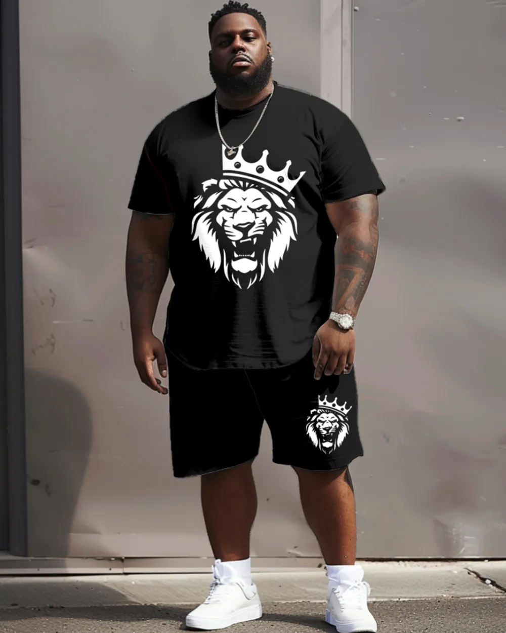 Street Casual King With Crown Lion Print Big Men'S Set