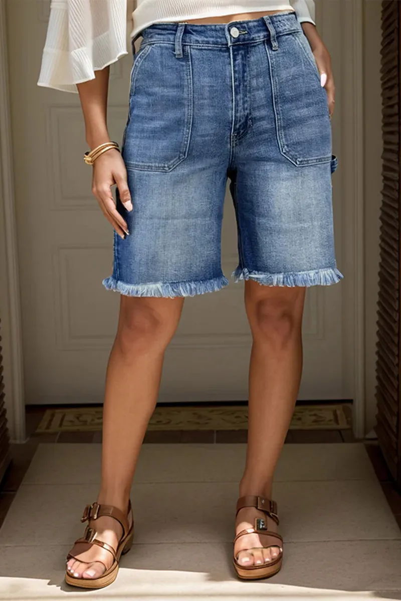 Wash Raw Hem High Waist Denim Bermuda Shorts