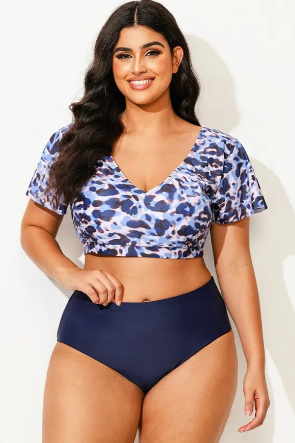 Floral Print V-Neck Flutter Sleeve Bikini Top