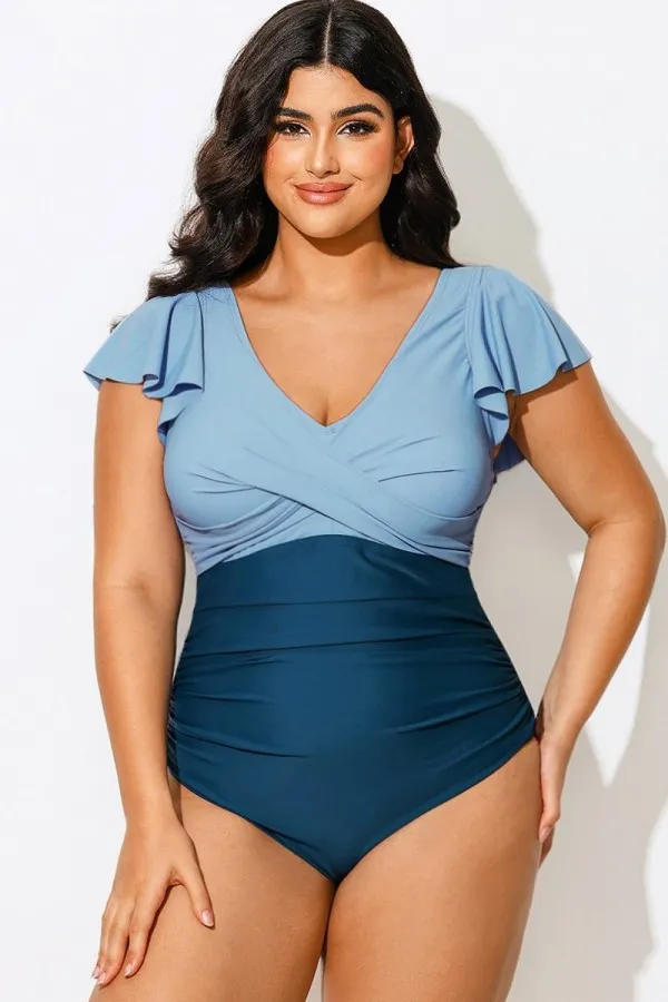 Blue Tone Gathered Ruffle Sleeve One Piece Swimsuit
