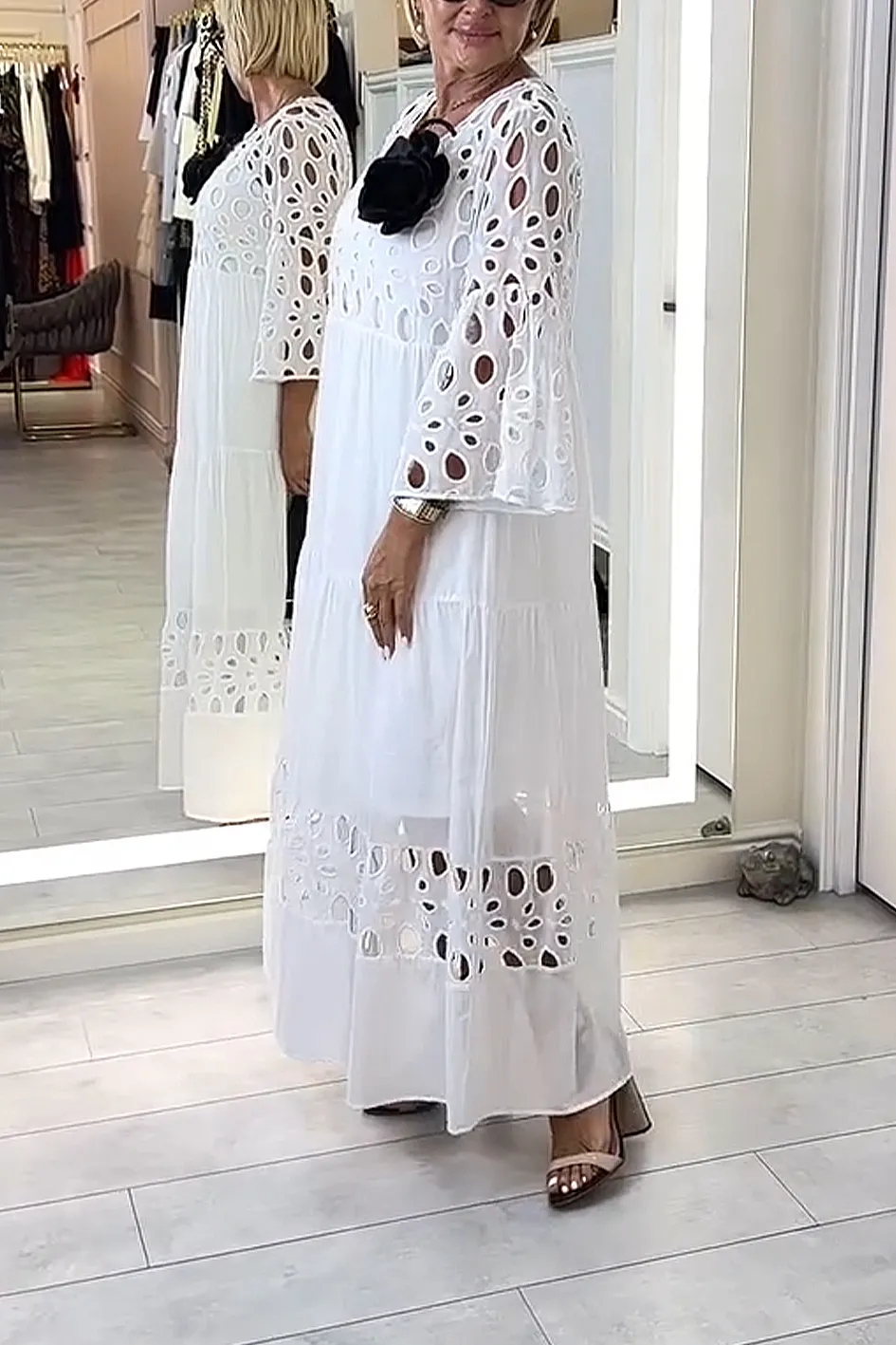 Women'S Solid Color Lace Hollow Loose Dress