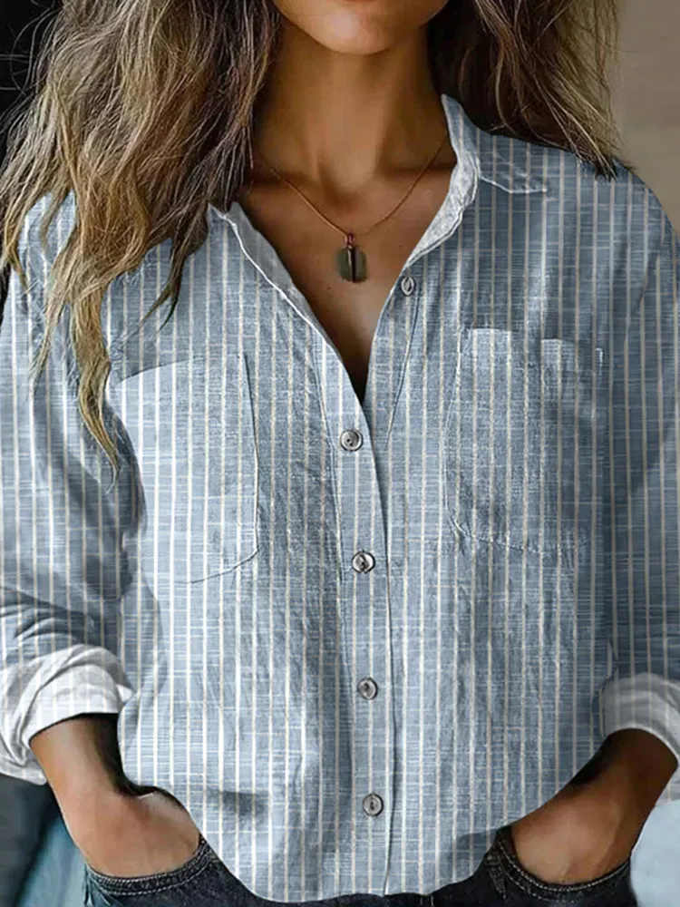 Women's Vintage Stripe Art Print Casual Long Sleeve Comfortable Cotton Shirt