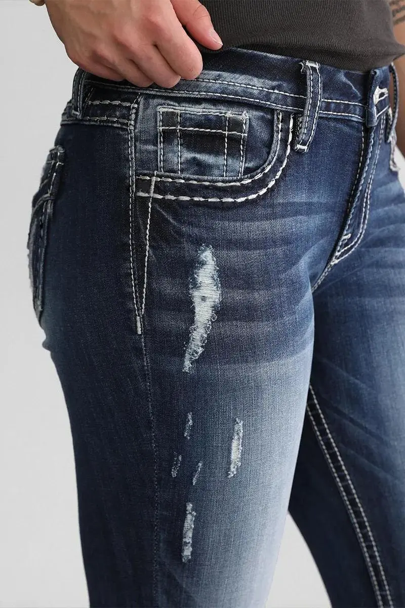 Ripped Washed Roll Hem Mid Waist Cropped Jeans