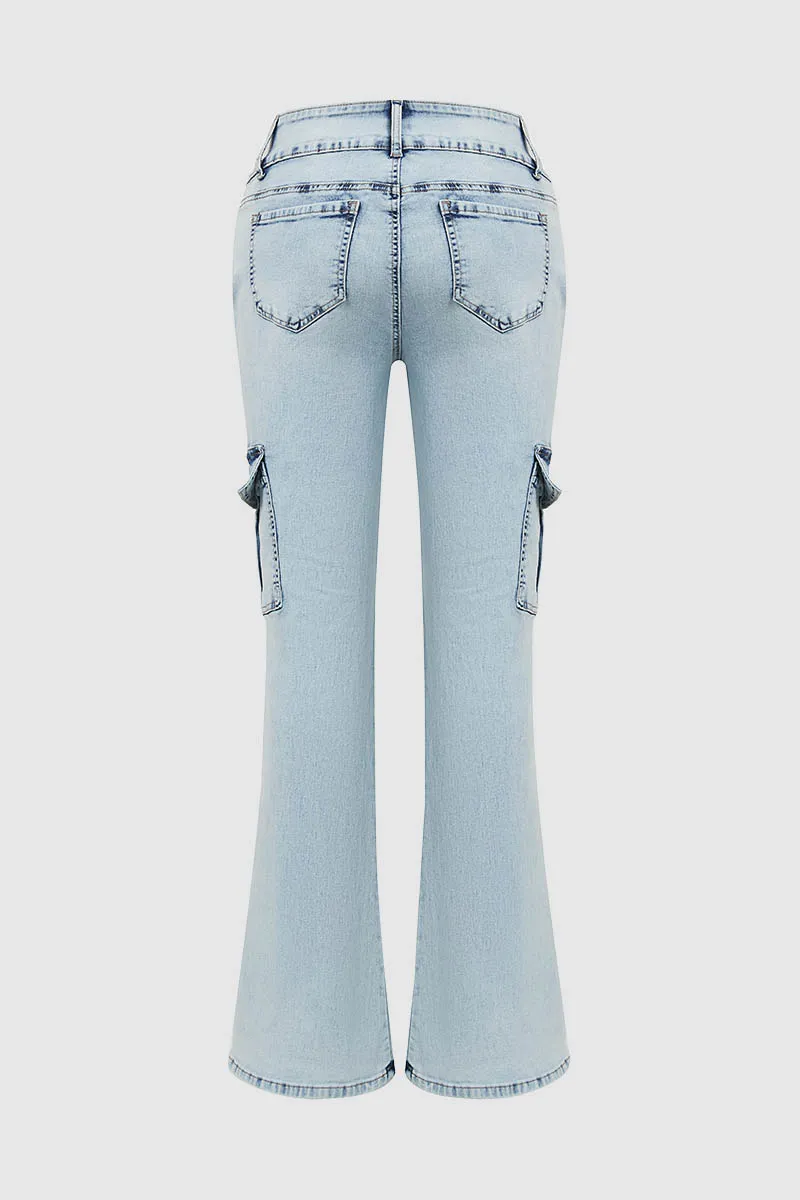 Multi Pocket Double Button Mid Rise Flare Cargo Jeans