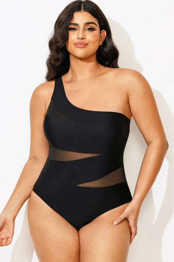 Black Mesh Sexy One Shoulder One Piece Swimsuit