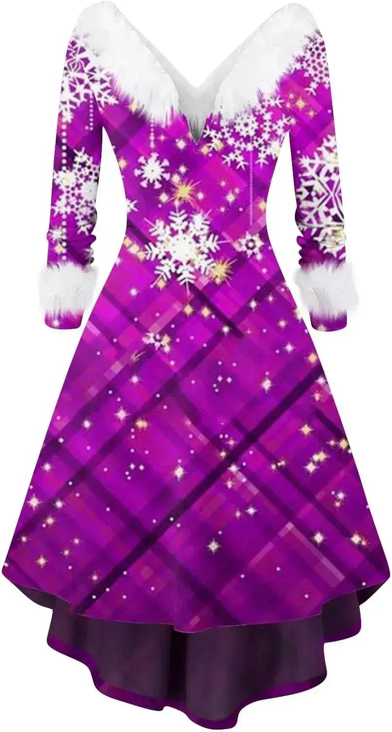 Womens Christmas Dress Fuzzy Mrs Claus Christmas Holiday Xmas Cocktail Holiday Party Flare Dress