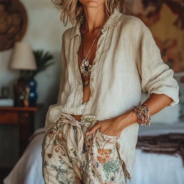 Vintage Solid Color Linen Blend Cozy Blouse